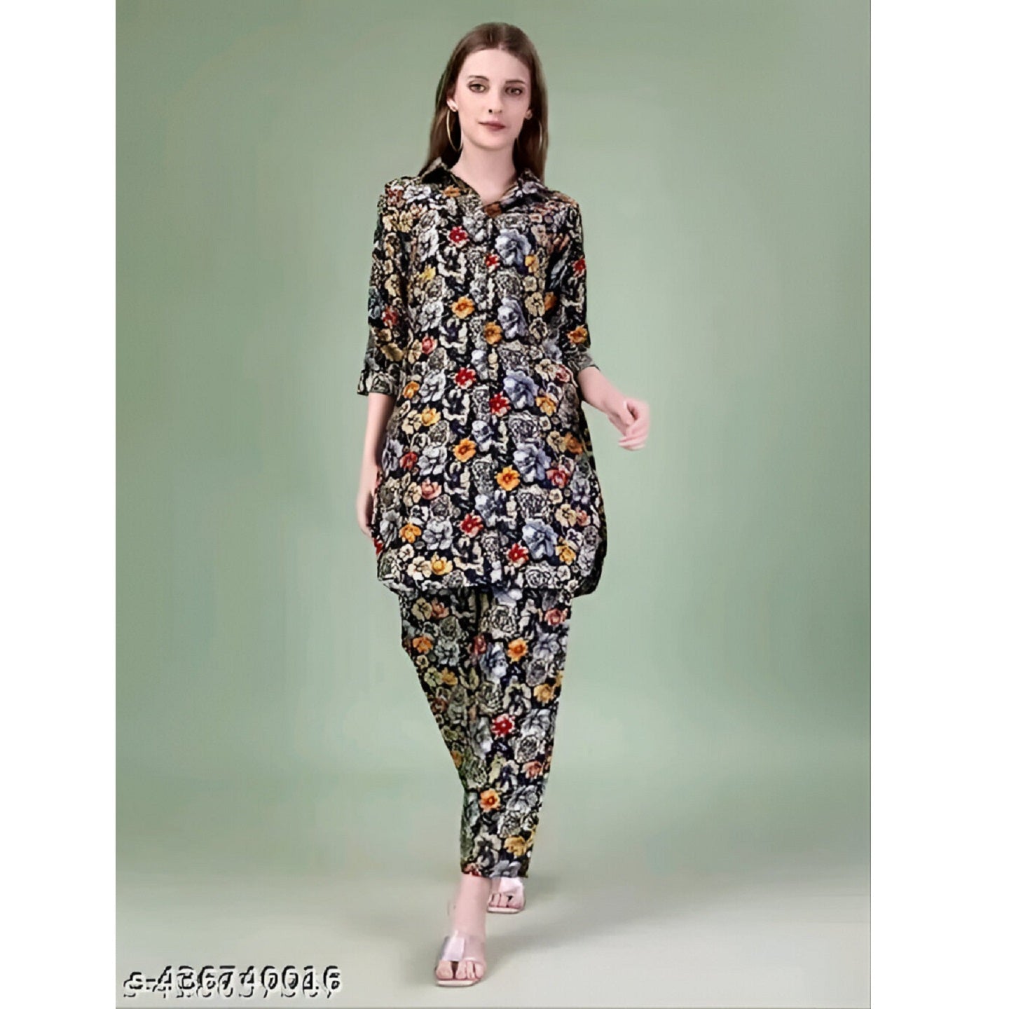 Orange Printed Polyster Co-Ords Kurta Set For Women